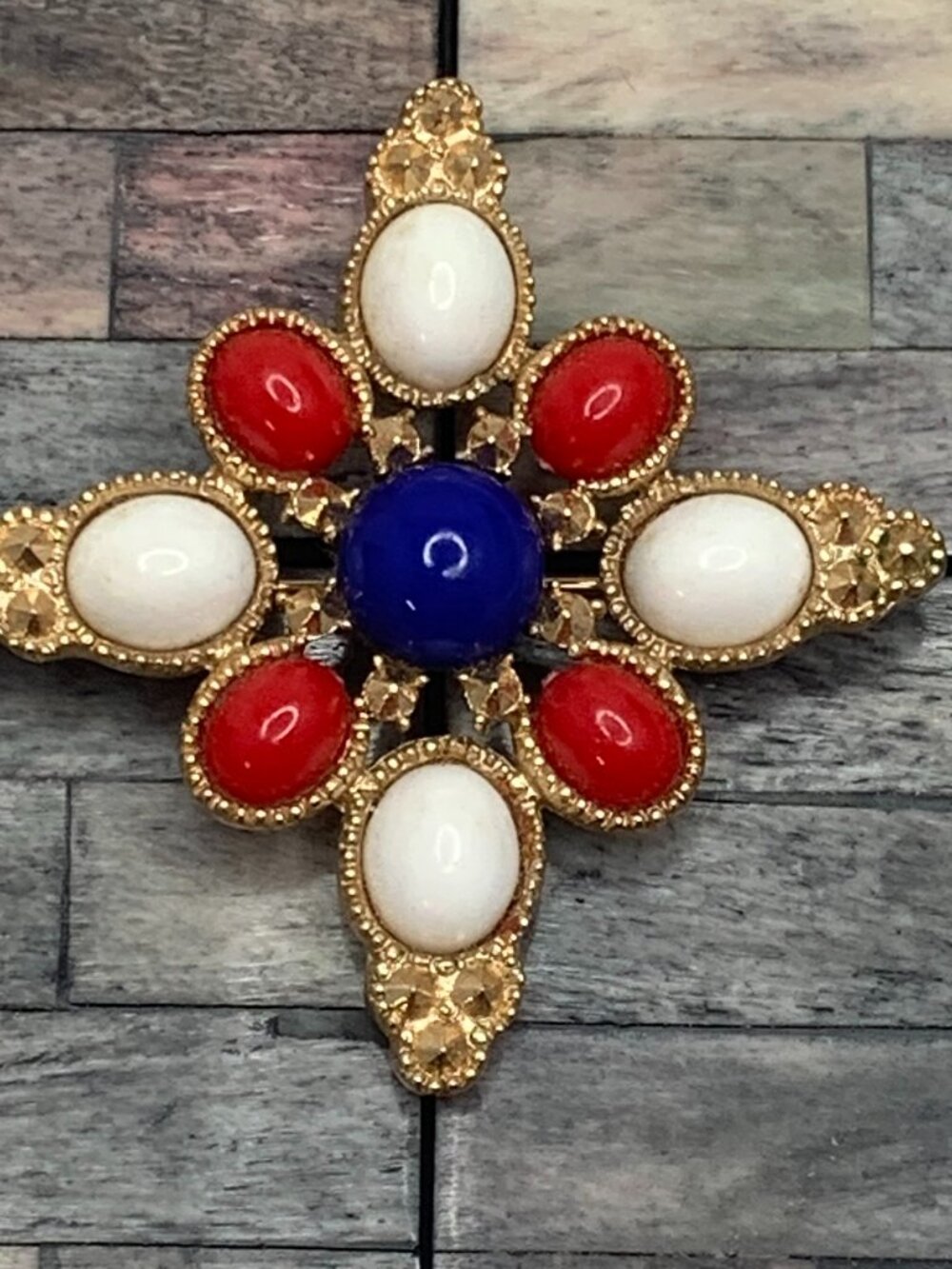 Vintage 1970s Sarah Coventry Maltese Cross Patriotic Brooch Red White Blue Caboc